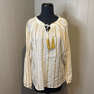 Norah Women’s Small Linen Blouse Stripes Long Sleeve Neck Drawstring 1/4 Button